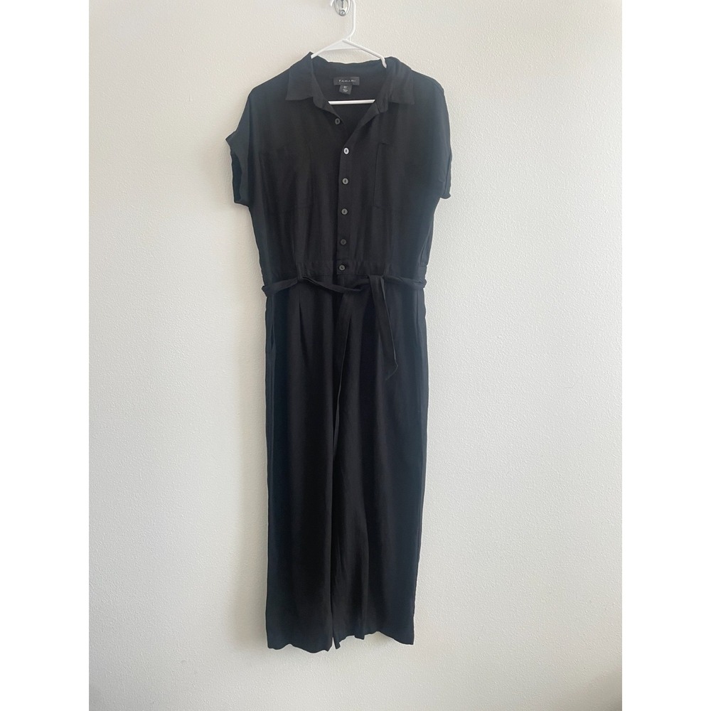 Tahari Jumpsuit Women L Black 100% Linen Button Collared Wide‎ Leg Belt Coastal
